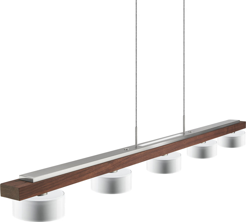 Balkenleuchte aus Nussbaum geölt, Modell Estelle, 1300mm lang, 5 x Opalglas mit 12cm Durchmesser und 5cm Höhe, Nickel Applikationen, Ober- & Unterlicht, Dimm-to-warm-Funktion, Seitenansicht