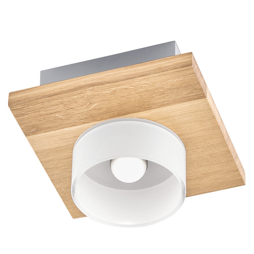 Deckenleuchte aus Asteiche Natur, Modell Estelle, 1-flammig, 200mm x 200mm x 140mm, Opalglas, Nickel Applikationen, Seitenansicht 