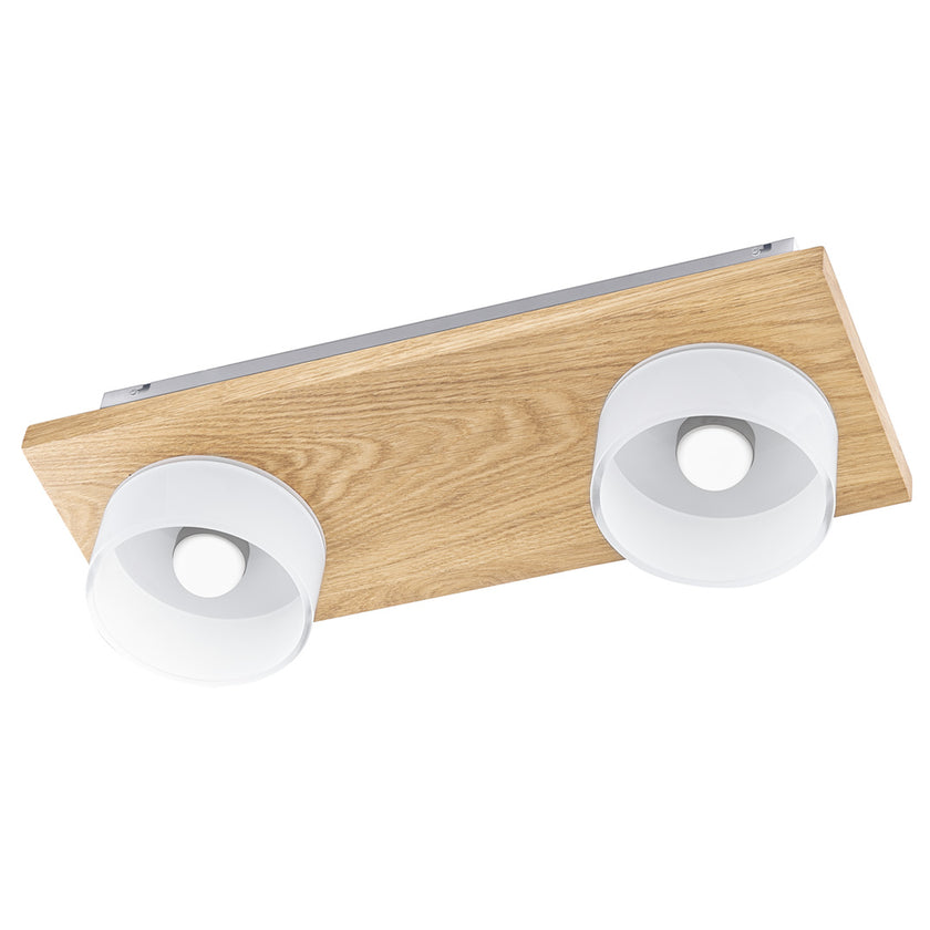 Deckenleuchte aus Asteiche Natur, Modell Estelle, 2-flammig, 440mm x 160mm x 140mm, Opalglas, Nickel Applikationen, Seitenansicht 