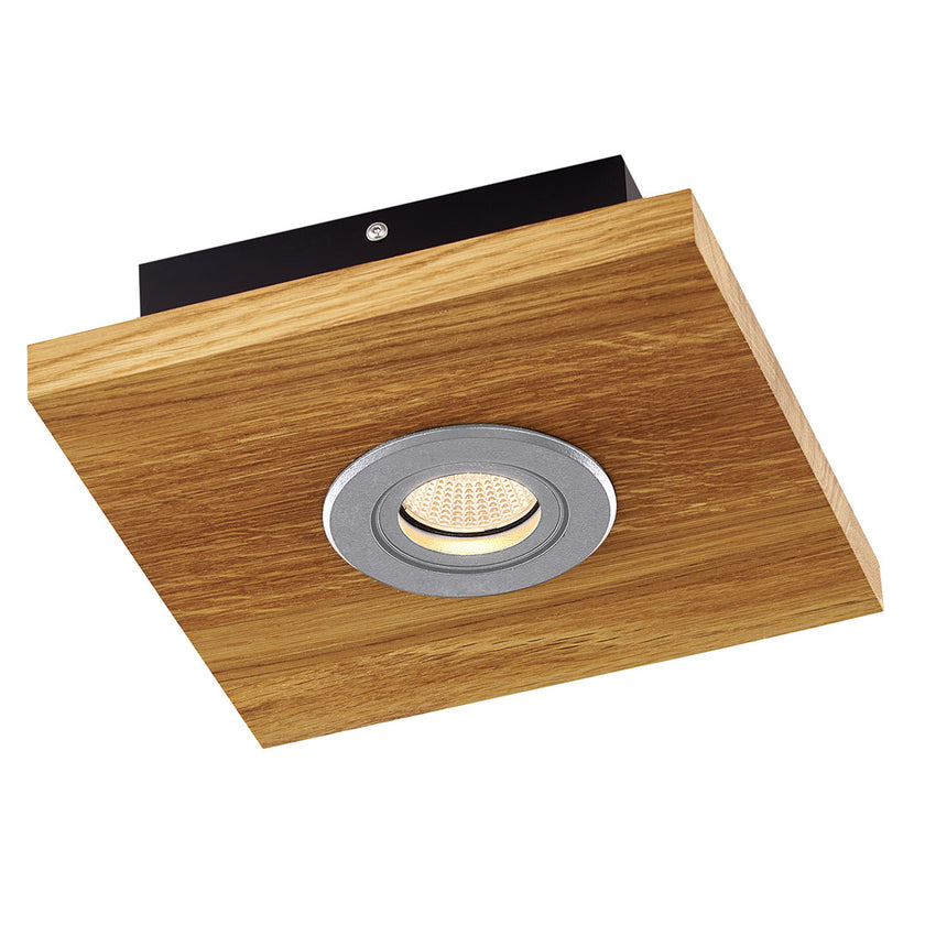 Deckenleuchte aus Asteiche geölt, Modell Lennon, 1-flammig, 200mm x 200mm x 70mm, silberne Details, Dimmbar durch externen Dimmer, Seitenansicht