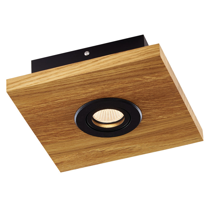 Deckenleuchte aus Asteiche geölt, Modell Lennon, 1-flammig, 200mm x 200mm x 70mm, schwarze Details, Dimmbar durch externen Dimmer, Seitenansicht