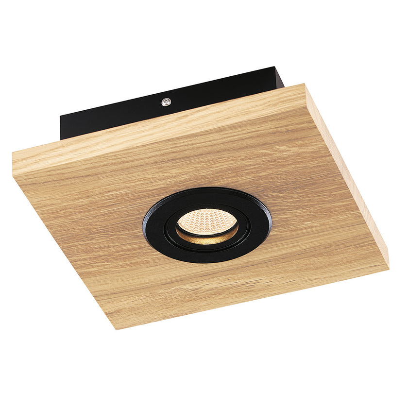 Deckenleuchte aus Asteiche Natur, Modell Lennon, 1-flammig, 200mm x 200mm x 70mm, schwarze Details, Dimmbar durch externen Dimmer, Seitenansicht