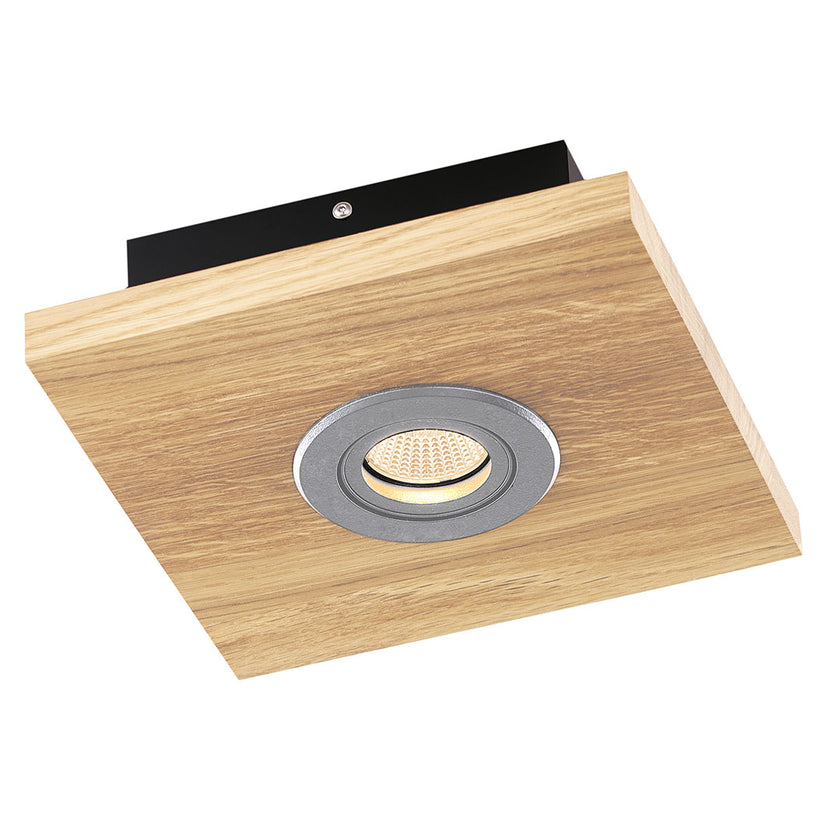 Deckenleuchte aus Asteiche Natur, Modell Lennon, 1-flammig, 200mm x 200mm x 70mm, silberne Details, Dimmbar durch externen Dimmer, Seitenansicht