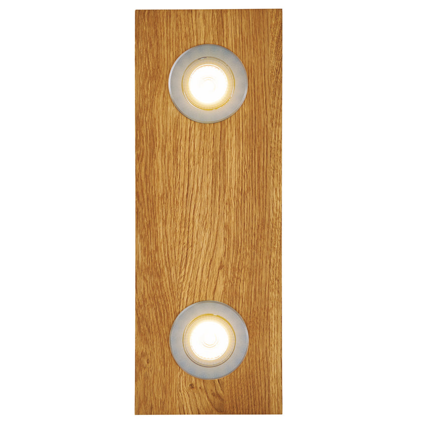 Deckenleuchte aus Asteiche geölt, Modell Lennon, 2-flammig, 440mm x 160mm x 70mm, silberne Details, Dimmbar durch externen Dimmer, Frontalansicht