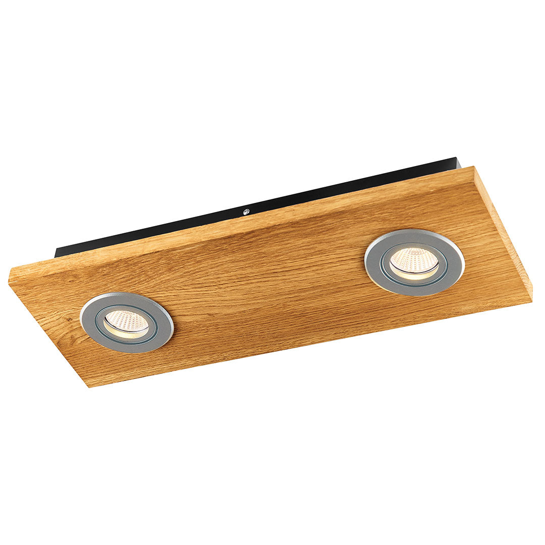 Deckenleuchte aus Asteiche geölt, Modell Lennon, 2-flammig, 440mm x 160mm x 70mm, silberne Details, Dimmbar durch externen Dimmer, Seitenansicht