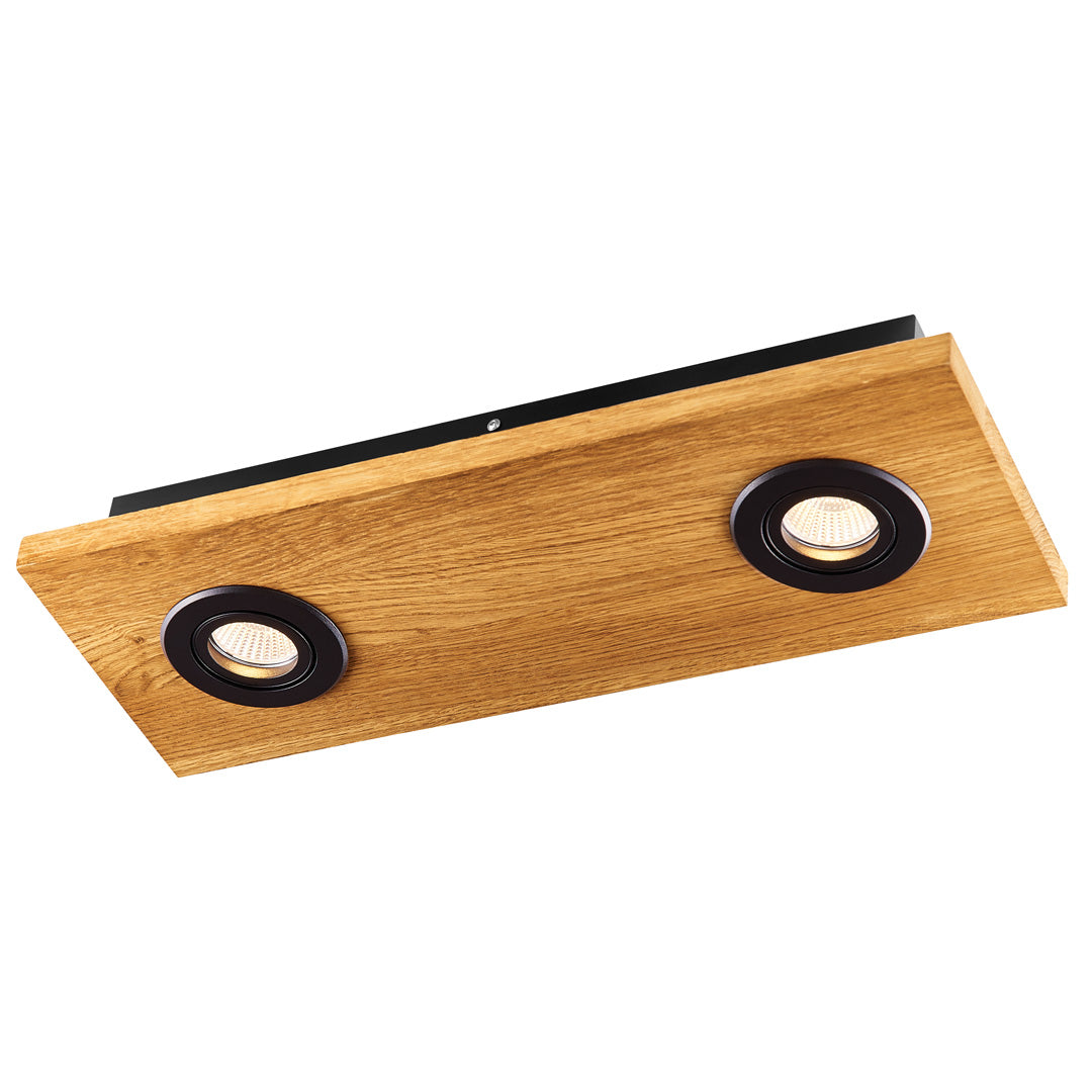 Deckenleuchte aus Asteiche geölt, Modell Lennon, 2-flammig, 440mm x 160mm x 70mm, schwarze Details, Dimmbar durch externen Dimmer, Seitenansicht
