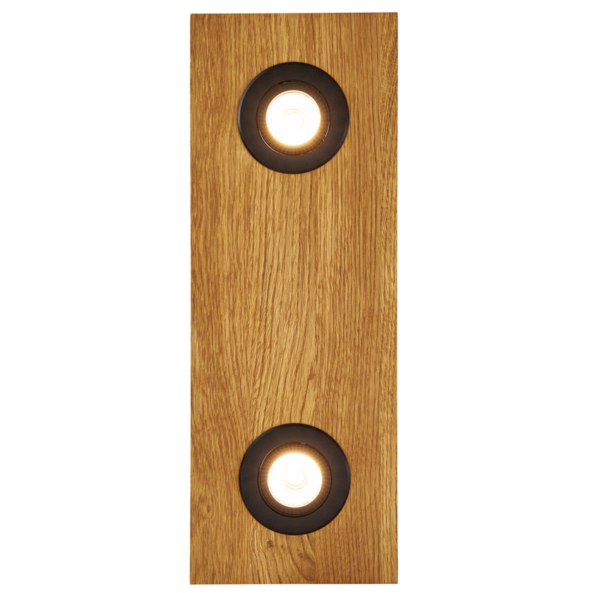 Deckenleuchte aus Asteiche geölt, Modell Lennon, 2-flammig, 440mm x 160mm x 70mm, schwarze Details, Dimmbar durch externen Dimmer, Frontalansicht