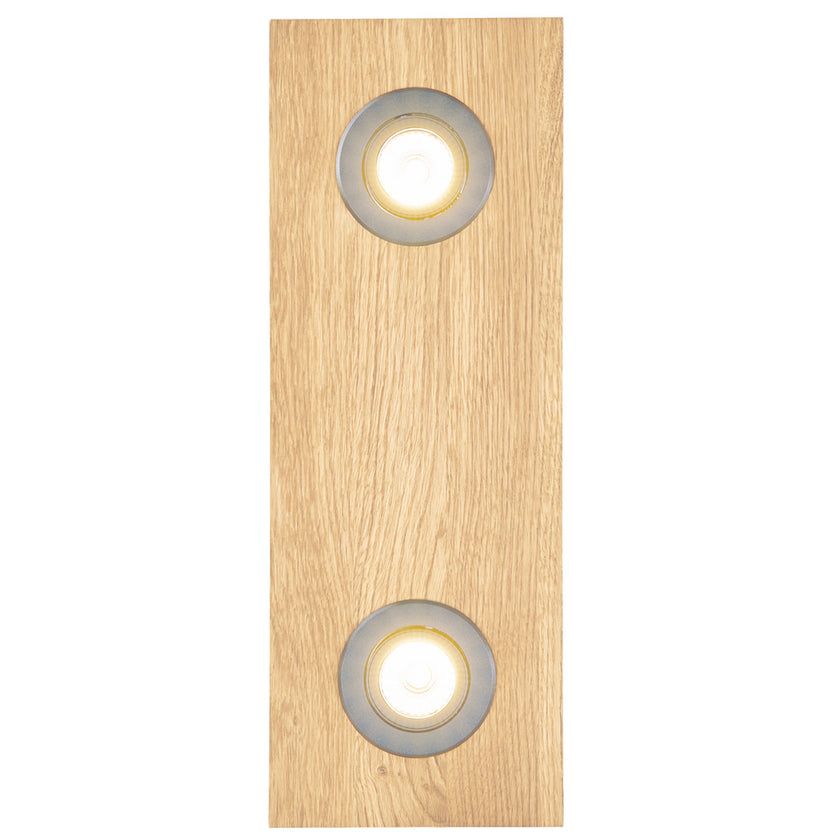 Deckenleuchte aus Asteiche Natur, Modell Lennon, 2-flammig, 440mm x 160mm x 70mm, silberne Details, Dimmbar durch externen Dimmer, Frontalansicht