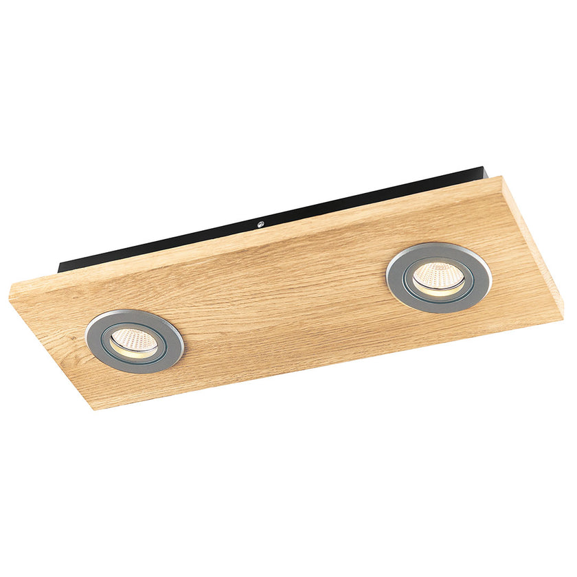 Deckenleuchte aus Asteiche Natur, Modell Lennon, 2-flammig, 440mm x 160mm x 70mm, silberne Details, Dimmbar durch externen Dimmer, Seitenansicht