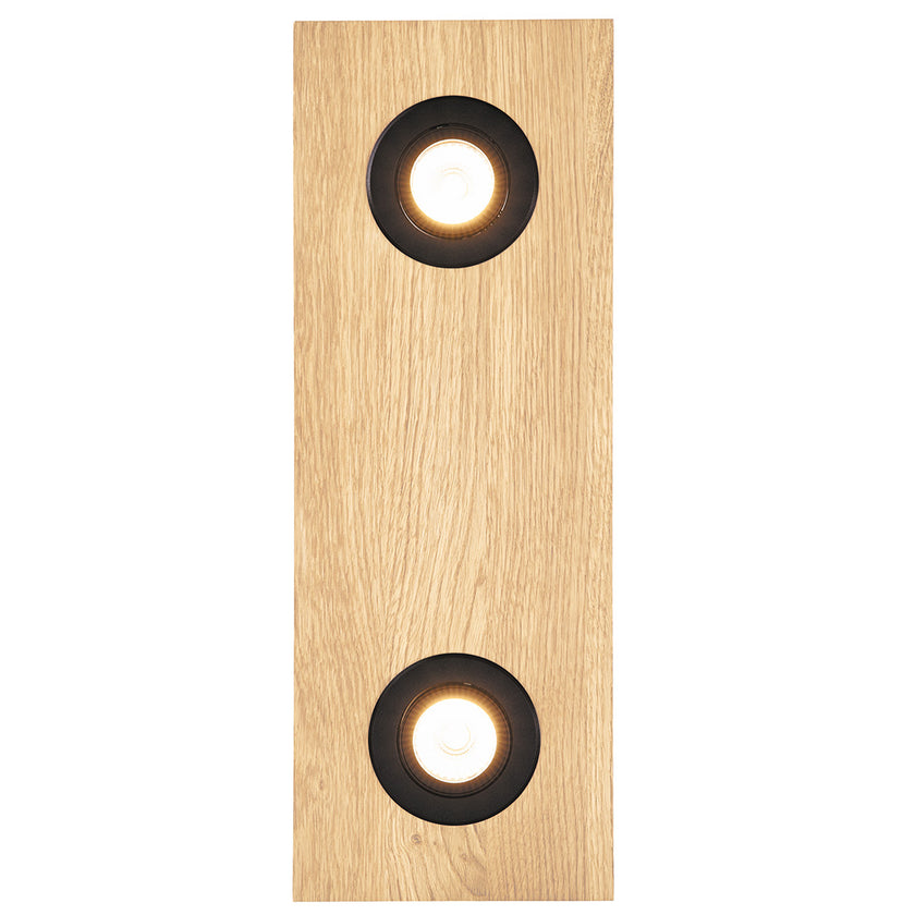 Deckenleuchte aus Asteiche Natur, Modell Lennon, 2-flammig, 440mm x 160mm x 70mm, schwarze Details, Dimmbar durch externen Dimmer, Frontalansicht