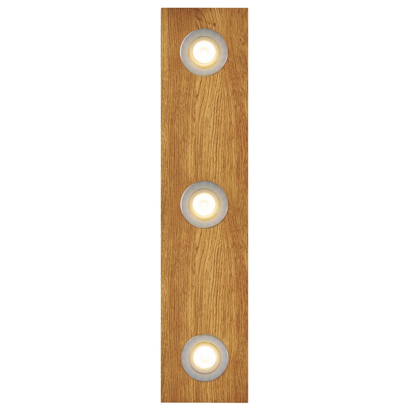 Deckenleuchte aus Asteiche geölt, Modell Lennon, 3-flammig, 720mm x 160mm x 70mm, silberne Details, Dimmbar durch externen Dimmer, Frontalansicht 