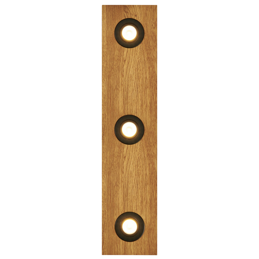Deckenleuchte aus Asteiche geölt, Modell Lennon, 3-flammig, 720mm x 160mm x 70mm, schwarze Details, Dimmbar durch externen Dimmer, Frontalansicht 