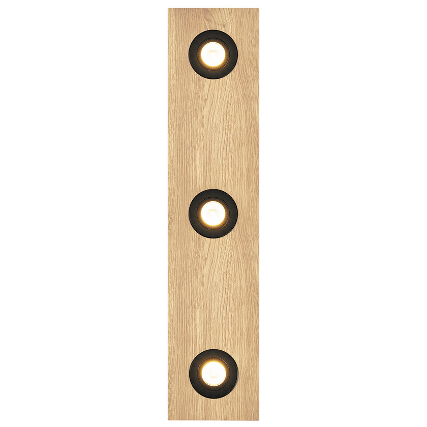 Deckenleuchte aus Asteiche Natur, Modell Lennon, 3-flammig, 720mm x 160mm x 70mm, schwarze Details, Dimmbar durch externen Dimmer, Frontalansicht 