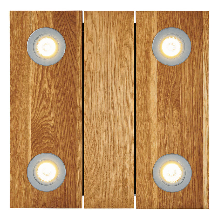 Deckenleuchte aus Asteiche geölt, Modell Lennon, 4-flammig, 440mm x 440mm x 70mm, silberne Details, Dimmbar durch externen Dimmer, Frontalansicht