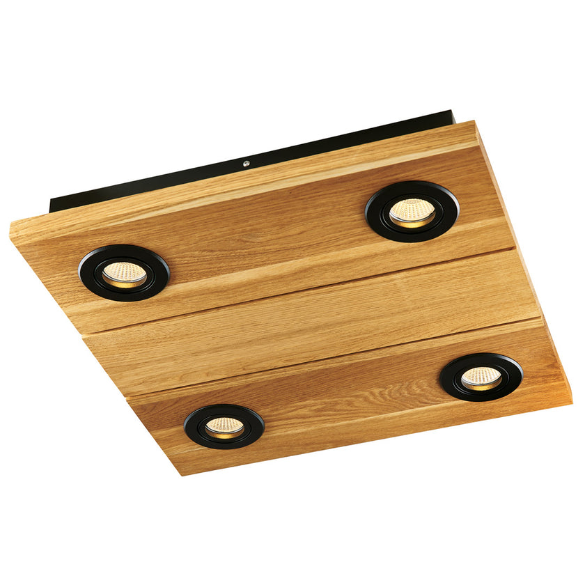 Deckenleuchte aus Asteiche geölt, Modell Lennon, 4-flammig, 440mm x 440mm x 70mm, schwarze Details, Dimmbar durch externen Dimmer, Seitenansicht