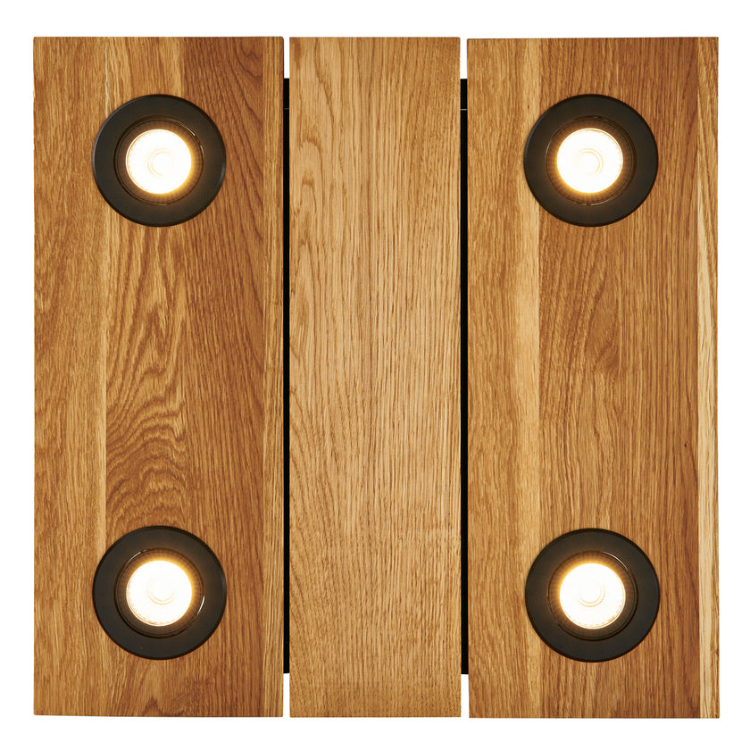 Deckenleuchte aus Asteiche geölt, Modell Lennon, 4-flammig, 440mm x 440mm x 70mm, schwarze Details, Dimmbar durch externen Dimmer, Frontalansicht