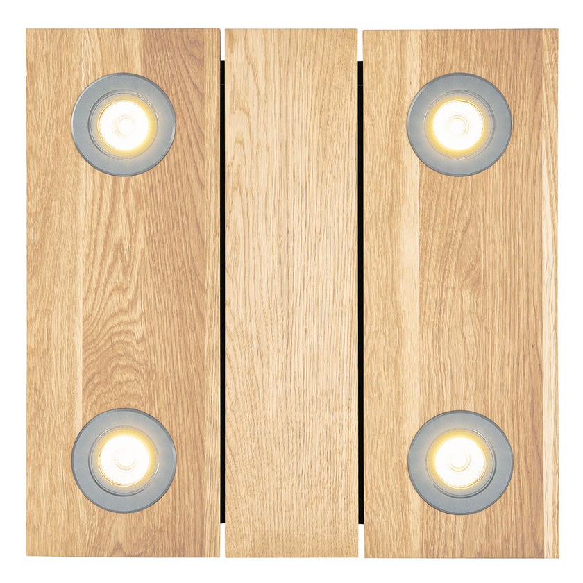 Deckenleuchte aus Asteiche Natur, Modell Lennon, 4-flammig, 440mm x 440mm x 70mm, silberne Details, Dimmbar durch externen Dimmer, Frontalansicht