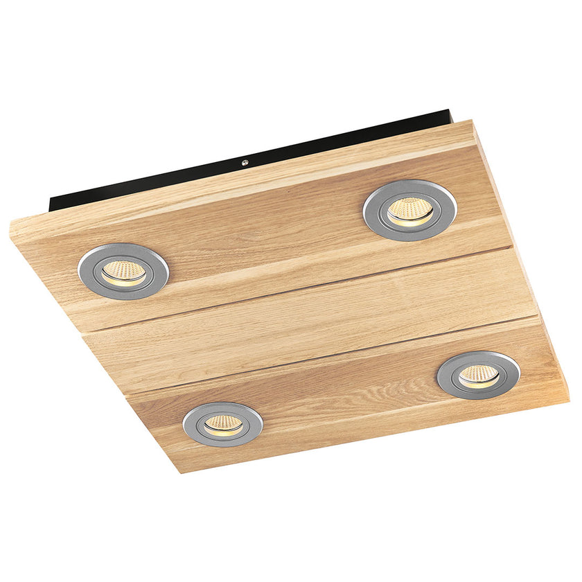 Deckenleuchte aus Asteiche Natur, Modell Lennon, 4-flammig, 440mm x 440mm x 70mm, silberne Details, Dimmbar durch externen Dimmer, Seitenansicht