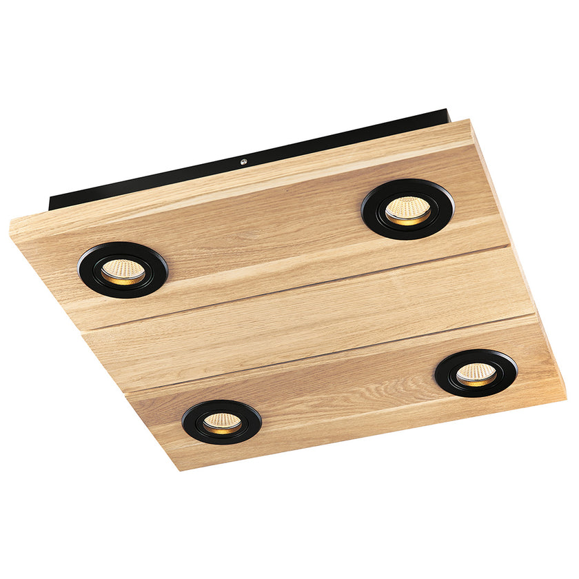 Deckenleuchte aus Asteiche Natur, Modell Lennon, 4-flammig, 440mm x 440mm x 70mm, schwarze Details, Dimmbar durch externen Dimmer, Seitenansicht