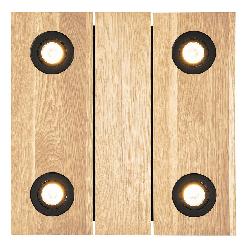 Deckenleuchte aus Asteiche Natur, Modell Lennon, 4-flammig, 440mm x 440mm x 70mm, schwarze Details, Dimmbar durch externen Dimmer, Frontalansicht