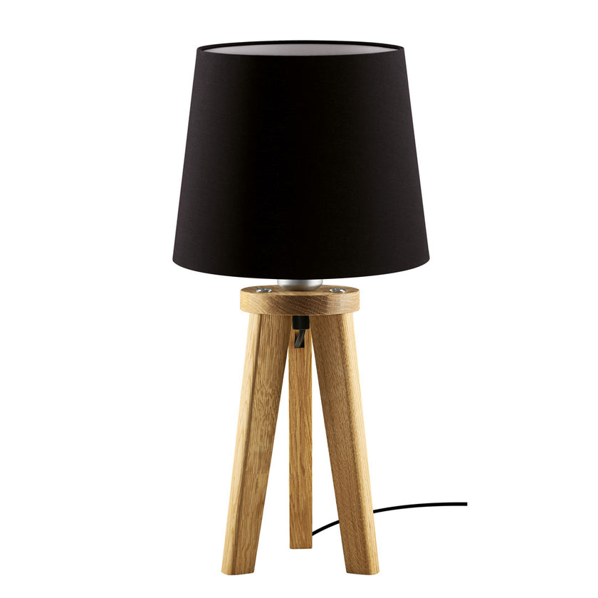 Tischleuchte aus Asteiche geölt, Modell Elli, schwarzer Schirm, Dreibein, Kabel in einem Fuß verlaufend , Frontalansicht 