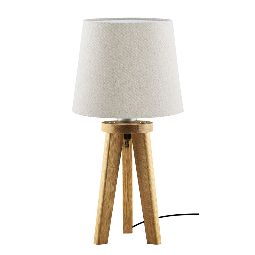 Tischleuchte aus Asteiche geölt, Modell Elli, Schirm Leinenoptik, Dreibein, Kabel in einem Fuß verlaufend , Frontalansicht 