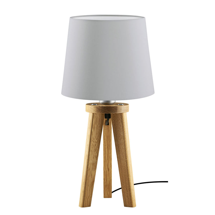 Tischleuchte aus Asteiche geölt, Modell Elli, silbergrauer Schirm, Dreibein, Kabel in einem Fuß verlaufend , Frontalansicht 