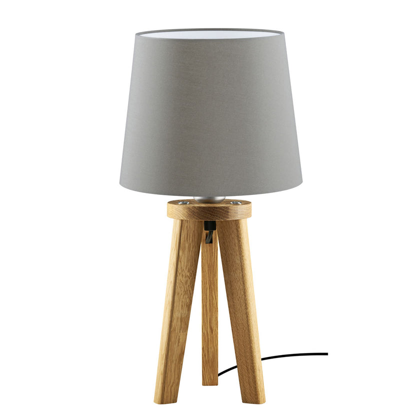 Tischleuchte aus Asteiche geölt, Modell Elli, Schirm Taupe, Dreibein, Kabel in einem Fuß verlaufend , Frontalansicht 
