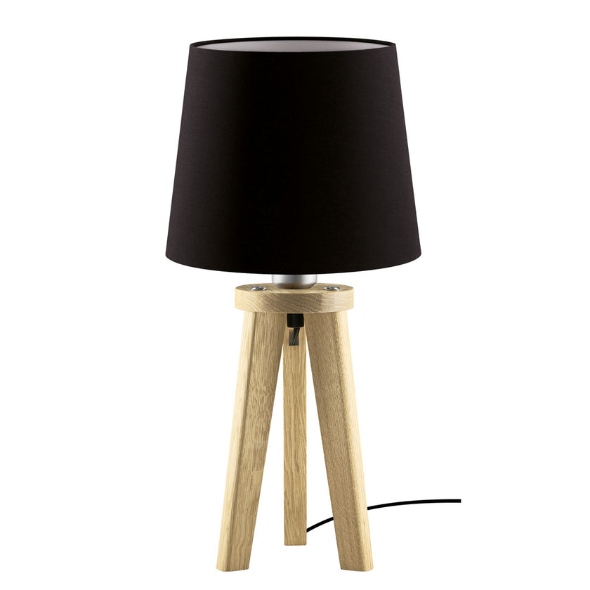 Tischleuchte aus Asteiche Natur, Modell Elli, schwarzer Schirm, Dreibein, Kabel in einem Fuß verlaufend , Frontalansicht 