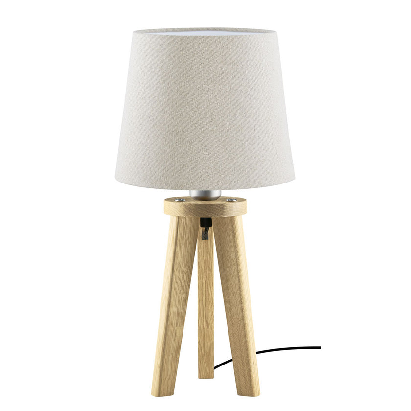 Tischleuchte aus Asteiche Natur, Modell Elli, Schirm Leinenoptik, Dreibein, Kabel in einem Fuß verlaufend , Frontalansicht 
