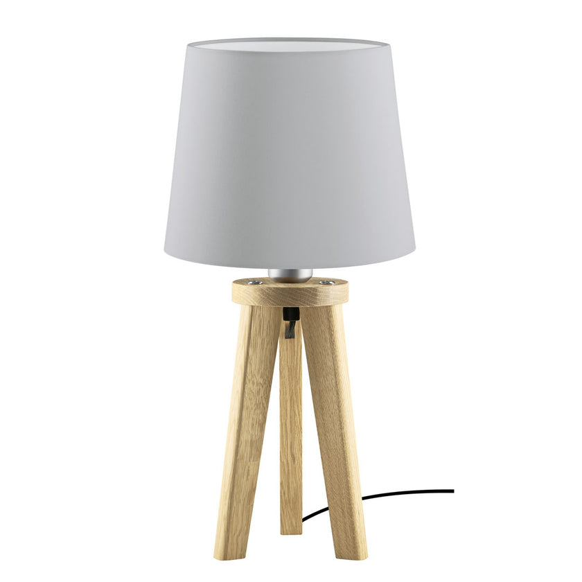 Tischleuchte aus Asteiche Natur, Modell Elli, silbergrauer Schirm, Dreibein, Kabel in einem Fuß verlaufend , Frontalansicht 
