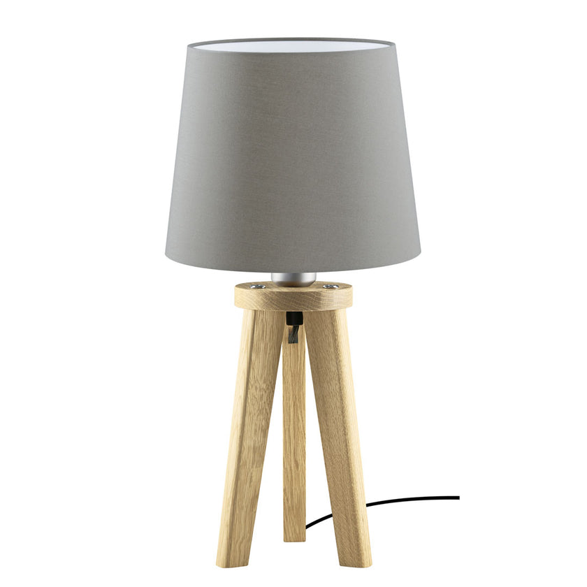Tischleuchte aus Asteiche Natur, Modell Elli, Schirm Taupe, Dreibein, Kabel in einem Fuß verlaufend , Frontalansicht 