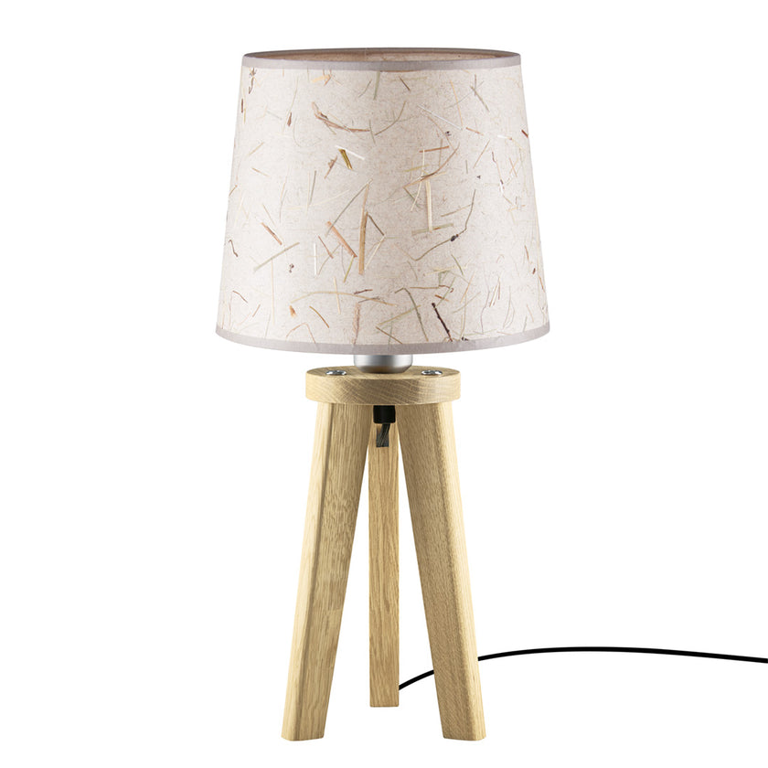 Dreibein Tischleuchte Naturart aus Asteiche Natur, Modell Elli, Schirm Almwiesenheu, Kabel im Bein verlaufend, Frontalansicht 