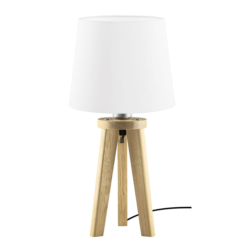 Tischleuchte aus Asteiche Natur, Modell Elli, weißer Schirm, Dreibein, Kabel in einem Fuß verlaufend , Frontalansicht 