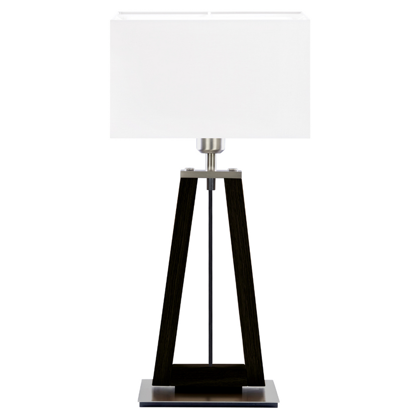 Hockerleuchte aus Asteiche Kohle, Modell Bi Bob, mit eckigem weißem Lampenschirm, Metall Nickel gebürstet, Kabel mittig geführt