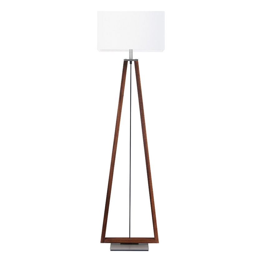 Stehleuchte aus Nussbaum geölt, Modell Bi Bob, mit eckigem weißem Lampenschirm, Metall Nickel gebürstet, Kabel mittig geführt