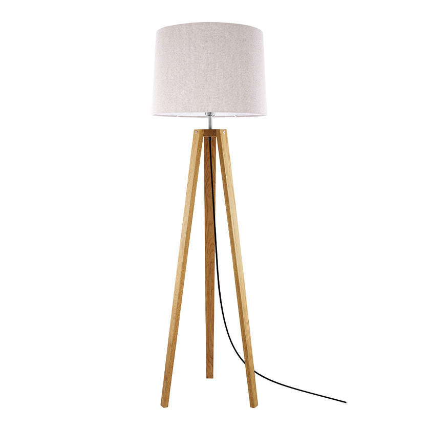 Dreibein Stehleuchte aus Asteiche geölt, Modell Anni, mit Leuchtenschirm in Leinenoptik , Kabel mittig laufend