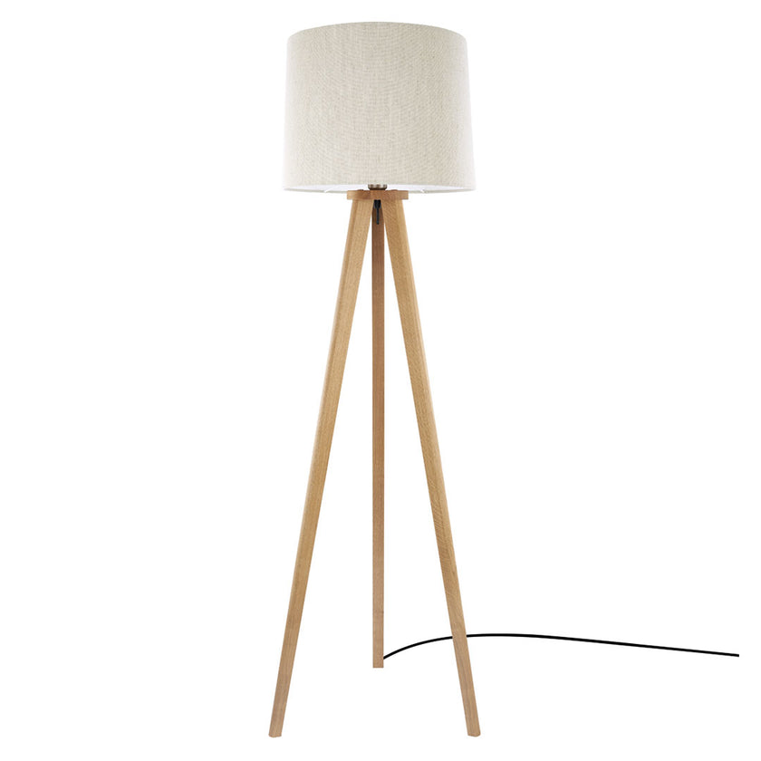Stehleuchte aus Asteiche geölt, Modell Elli, Schirm Leinenoptik, Dreibein, Kabel in einem Fuß, Frontalansicht 