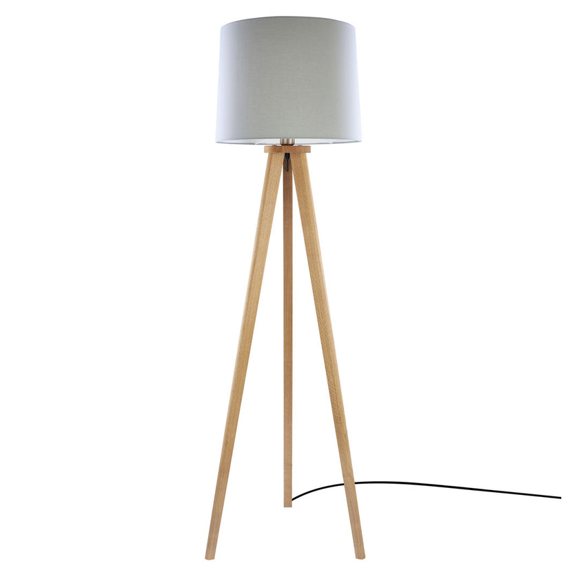 Stehleuchte aus Asteiche geölt, Modell Elli, silbergrauer Schirm, Dreibein, Kabel in einem Fuß, Frontalansicht 