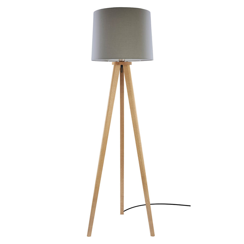 Stehleuchte aus Asteiche geölt, Modell Elli, taupe Schirm, Dreibein, Kabel in einem Fuß, Frontalansicht 