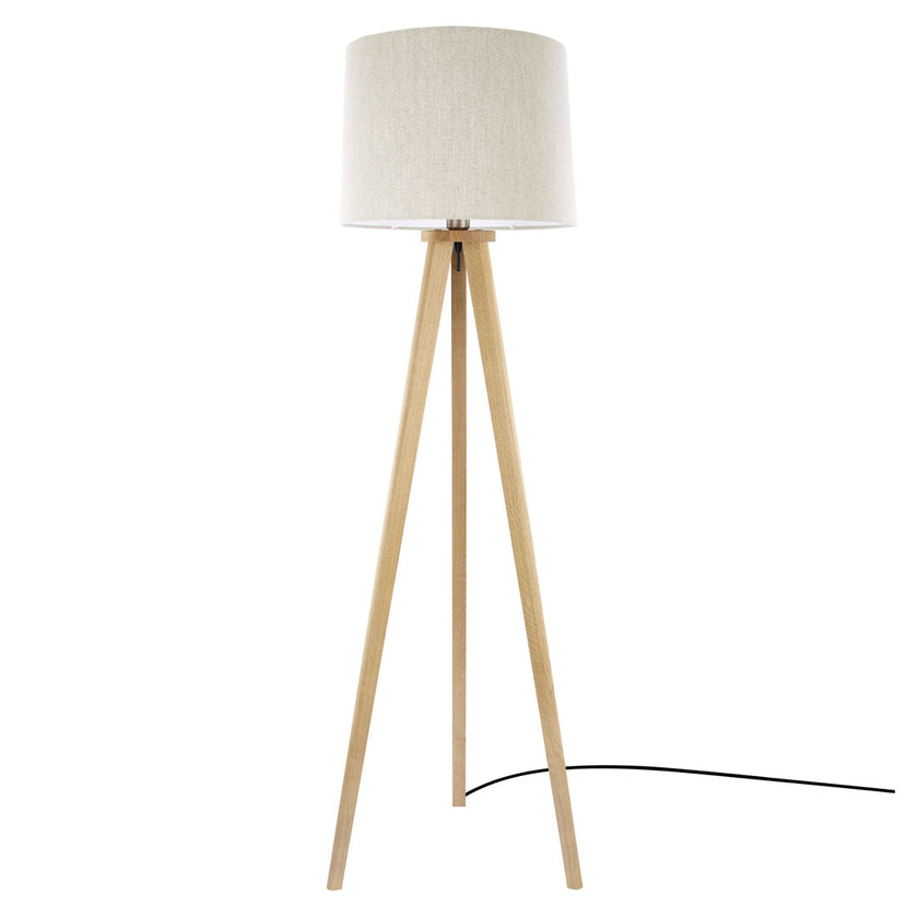 Stehleuchte aus Asteiche Natur, Modell Elli, Schirm Leinenoptik, Dreibein, Kabel in einem Fuß, Frontalansicht 