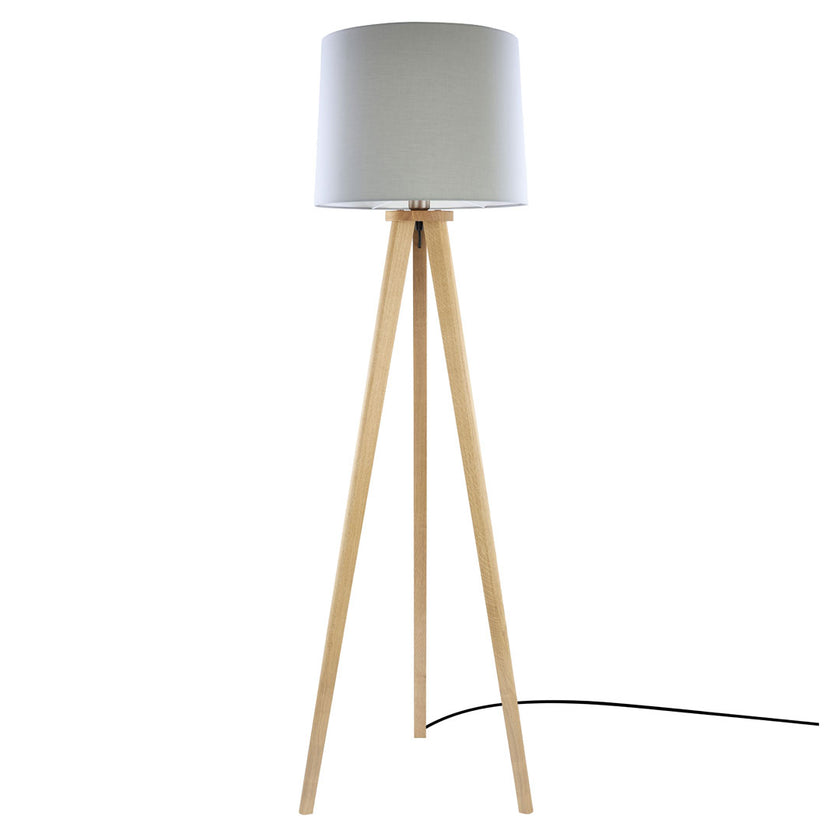 Stehleuchte aus Asteiche Natur, Modell Elli, silbergrauer Schirm, Dreibein, Kabel in einem Fuß, Frontalansicht 