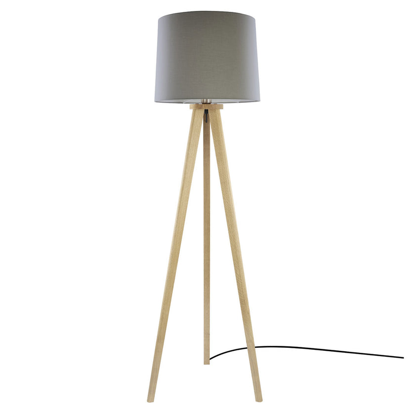 Stehleuchte aus Asteiche Natur, Modell Elli, taupe Schirm, Dreibein, Kabel in einem Fuß, Frontalansicht 