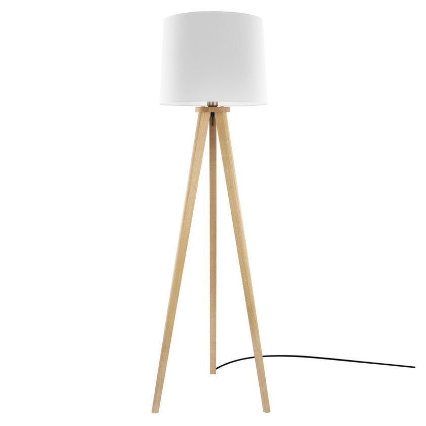 Stehleuchte aus Asteiche Natur, Modell Elli, weißer Schirm, Dreibein, Kabel in einem Fuß, Frontalansicht 