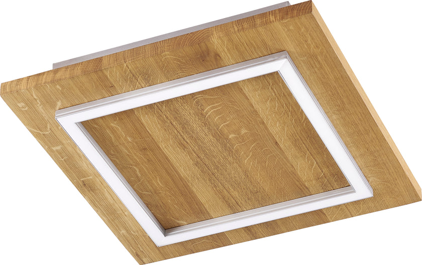 Deckenleuchte aus Asteiche geölt, Modell Mia, LED, Metall Nickel matt gebürstet, Ansicht schräg