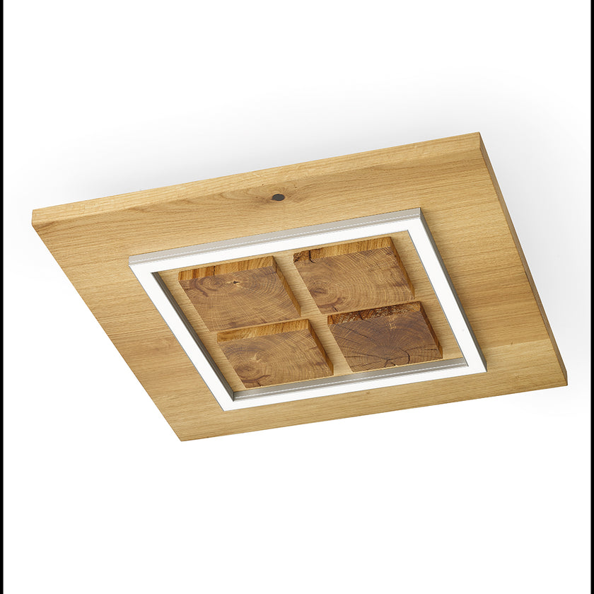 Deckenleuchte aus Asteiche Natur & Kopfholz, Modell Heart of Mio, LED, Nickel matt gebürstet, quadratisch, innen vier kleine Quadrate aus Kopfholz, Seitenansicht schräg