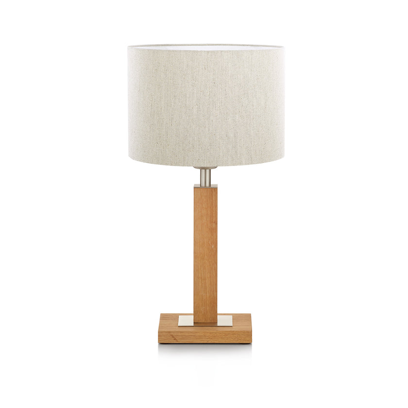 Tischleuchte Modell Titos, Asteiche geölt, Lampenschirm in Leinenoptik, Details in Nickel matt gebürstet 