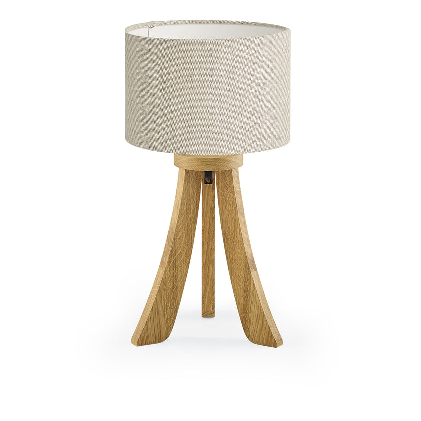 Dreibein Tischleuchte aus Asteiche geölt, Modell Bow, Lampenschirm in Leinenoptiik, Kabel im Fuß geführt