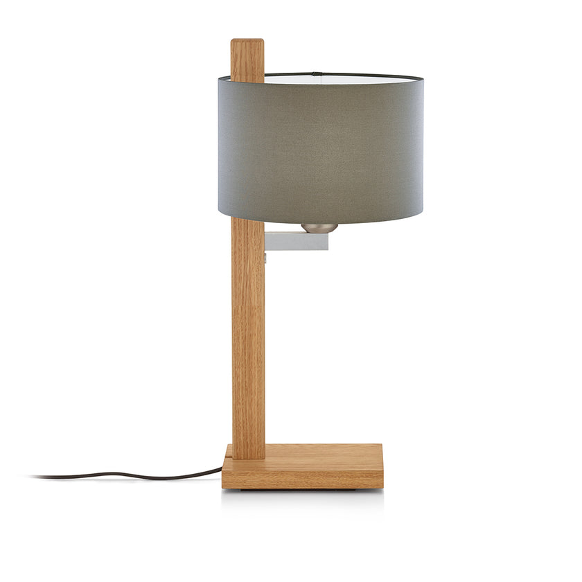 Tischleuchte aus Asteiche geölt, Modell Lydia, Schirm in taupe, Metall Nickel matt gebürstet 
