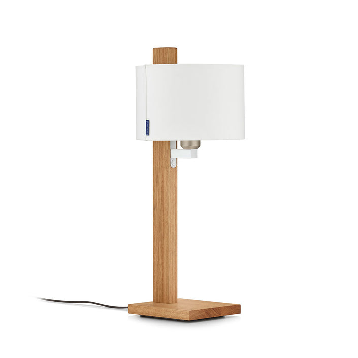 Tischleuchte aus Asteiche geölt, Modell Lydia, weißer Schirm, Metall Nickel matt gebürstet 